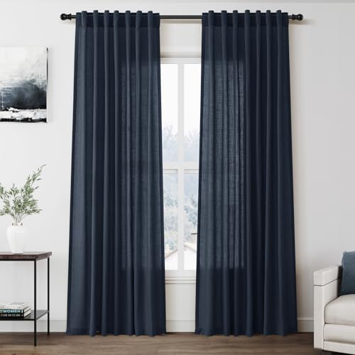 Image of Vintage Blue Linen Curtains 84 Inch Length 2 Panels Set for Living Room Rod Pocket Back Tab Light Filtering Window Drapes for Bedroom Dining Room Protect Privacy Vintage Country Decor