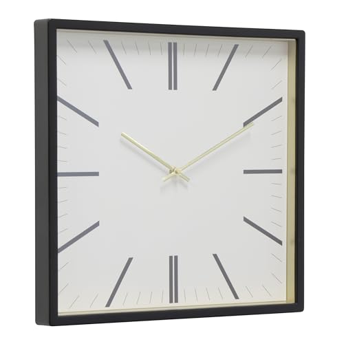 Forma Square Modern Wall Clock, 16 Minimalist Black Frame with Gold Trim, Quartz Movement, Glass Face, Contemporary Indoor Wall Décor