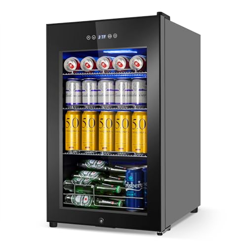 turephe Beverage Refrigerator 17 Inch Wide, Mini Beverage Cooler with Glass Door 126 Cans, Countertop/Freestanding Beverage Beer Fridge with Temperature Memory, Perfect for Soda, Beer