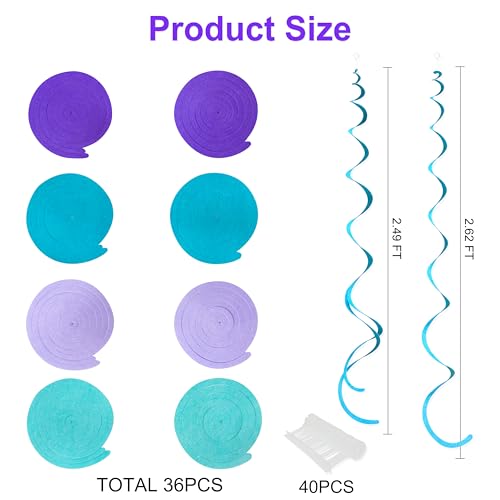 Image of 36 Pcs Mermaid Hanging Swirl Decorations Teal Purple Felt Swirl Streamer Spiral Ceiling Decorations Garland for Little Mermaid Under The Sea Birthday Wedding Bridal Shower Party Supplies