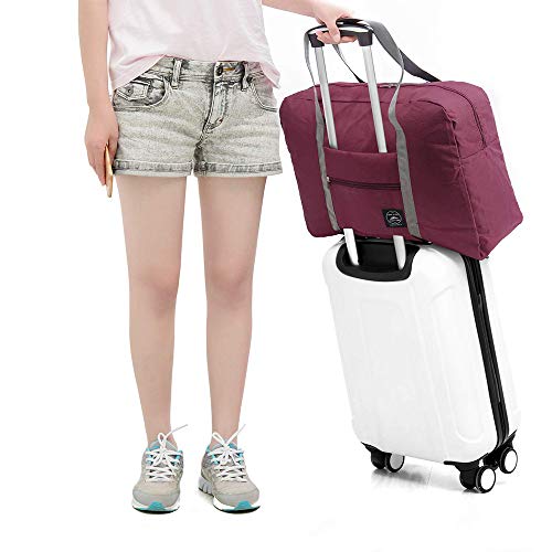 2 Pack Foldable Travel Duffel Bag with Fixed on the Trolley Case, Waterproof Luggage Travel Bag, Lightweight Carry On Bag for Sports, Vacation, Shopping, Gym (wine red, light pink)