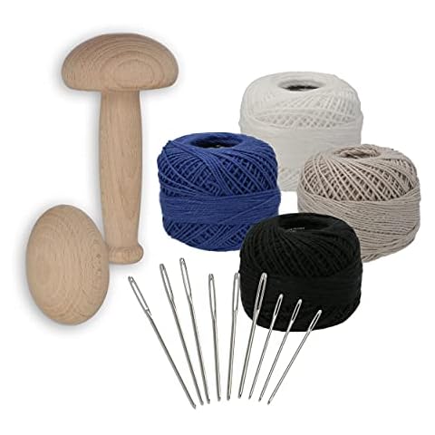 Lantelme 7876 Darning Set for Wooden Mushroom and Darning Egg in 4 Colours and 9 Darning Needles in Set Cover