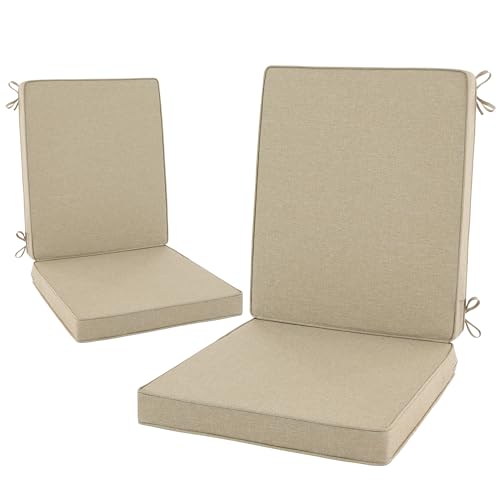 Image of Outdoor Chair Cushions 20x20, Water-Resistant & Fade-Resistant, Patio Furniture Lawn Dining Chair Seat Replacement with High Back, Ties Zipper, Removable Cover, Set of 2, Natural