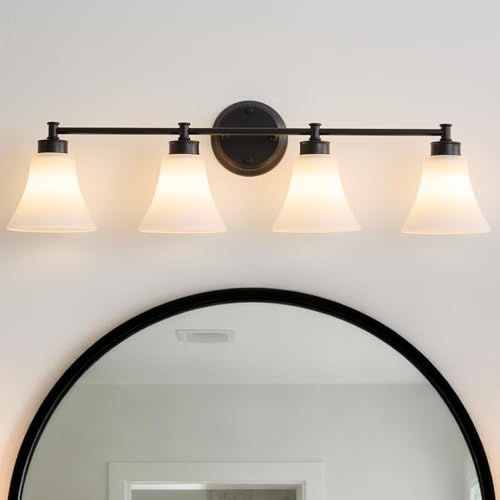 Image of LOUSACE 4 Light Bathroom Vanity Light Matte Black Bathroom Lighting Fixtures Over Mirror with Opal White Frosted Glass Shade, Vintage Traditional Wall Lighting Fixture Vanity Lights for Bedroom