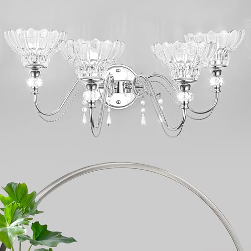 Image of Brushed Chrome Bathroom Vanity Light, 4-Light Chrome Finish Wall Sconce with Hanging Crystal Accents and Flower-Shaped Clear Glass Shades, Modern Wall Mount Vanity Light Over Mirror for Bathroom