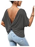 RoseSeek Women's Backless Twist Knot T Shirt Oversized Solid Short Sleeve Tees Open Back Asymmetrical Hem Casual Tops Dark Grey XX-Large