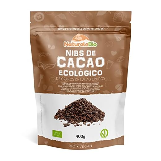 Nibs de Cacao Crudo Ecológico 400g. Puntas de Cacao Bio, Natural y Puro. Cultivado en Perú a partir de la planta Theobroma cacao. Fuente de magnesio, potasio y hierro. NaturaleBio