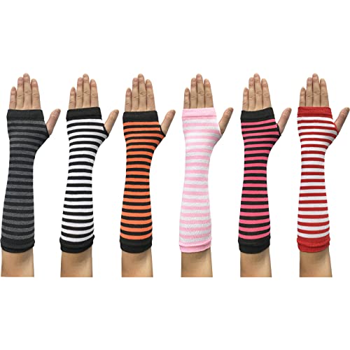 6 Stück Frauen Gestreifte Lange Fingerlose Handschuhe Niedliche Armstulpen Mädchen Für Halloween Cosplay Kostüm Party SG1, Rot, Schwarz, Rosa, Grau, Orange, Rosa, Einheitsgröße Cover