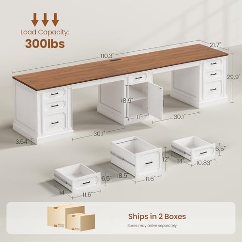 Image of SEDETA Farmhouse 110.3 inch Two Person Desk with 7 Drawers, Long Computer Desk with Storage Cabinet, 2 Person Desk with Power Outlets for Home Office, White+Brown