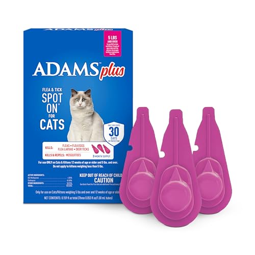 ADAMS Plus Flea and Tick Prevention Spot On for Cats, 5 lbs and Over, Kills Fleas, Flea Eggs, Flea Larvae and Deer Ticks, Kills and Repels Mosquitoes for 30 Days, 3-Month Supply, 3 Pack