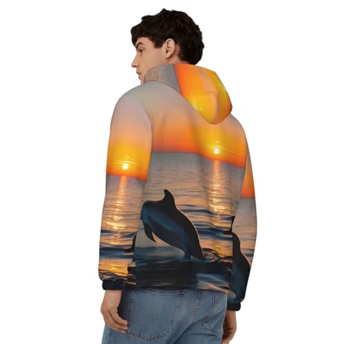 Sweat à capuche imprimé dauphins graphisme coucher de soleil pull doux homme