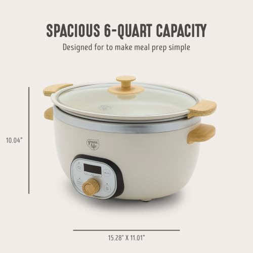 Image of GreenLife 6QT Slow Cooker, Non-Toxic PFAS-Free Ceramic Nonstick Removable Interior Bowl, Programmable, Family Friendly, Keep Warm, Stovetop & Oven Safe, Dishwasher Safe Crock, Timer, Glass Lid, Cream