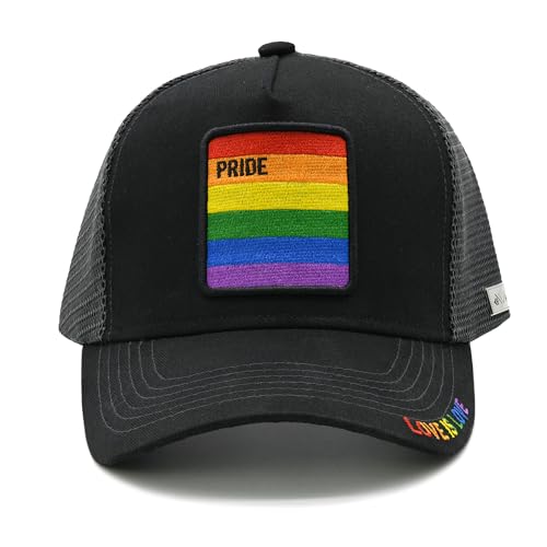 Image of Unisex Pride Trucker Hat, LGBT Rainbow Stripes Embroidered Baseball Cap, Adjustable Snapback Mesh Hat for Men Women