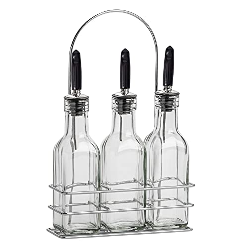 Argon Tableware Olive Oil Bottles with Stands - 250ml - Pack of 3 - Dishwasher Safe Kitchen Glass Olive Oil Dispenser Cruet with Dust Cap, Cork Stopper and Tapor Pourer Top for Soy Sauce, Vinegar