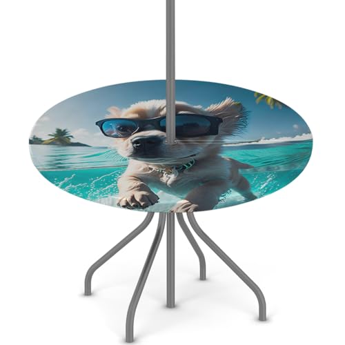 oooJHooo Outdoor Tablecloth with Umbrella Hole, Animal Swim Dog Round Fitted Tablecloth, Spring Summer Elastic Picnic Table Cover Camping Table Cover for Outside Patio Garden Cafe 36"-44",D-1246