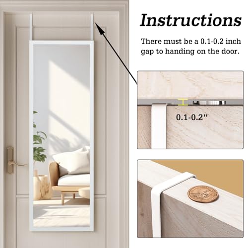 Image of whitebeach 48 inch x 16 inch Over The Door Full Length Mirror Wall Mounted Hanging with 2 Metal Hangers for Bedroom Living Room Bathroom White