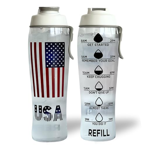 Water Bottles with Times To Drink | Motivational Water Bottle with Time Marker | BPA Free Gym Water Bottle with Chug Cap & Carry Loop | Gym Water Bottles for Women | American Flag | Made in USA