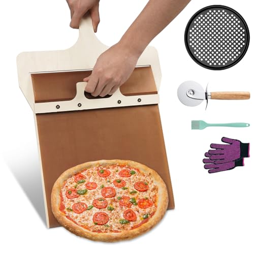 HALNKSZDDD 12 Inch Sliding Pizza Peel with Pizza Pan, Pizza Slider Paddle with Handle Non Stick Easy Transfer Rolling Pizza Peel Kitchen Use