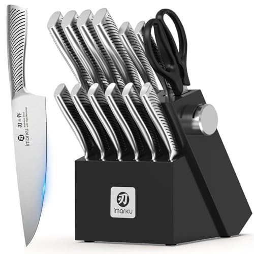 imarku 14-Piece Knife Block Set, Knife Set with Block and Build-in Sharpener, Japanese Stainless Steel Knife Set for Lasting Sharpness, Dishwasher Safe, Black Pure Black