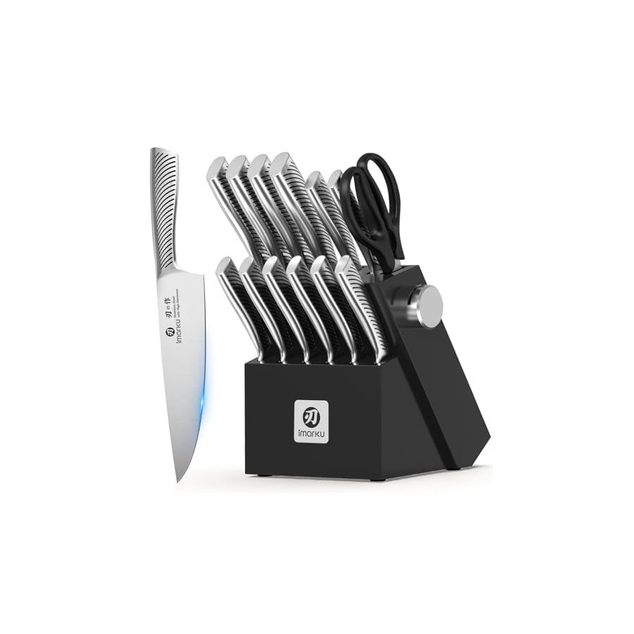 imarku 14-Piece Knife Block Set, Knife Set with Block and Build-in Sharpener, Japanese Stainless Steel Knife Set for Lasting Sharpness, Dishwasher Safe, Black