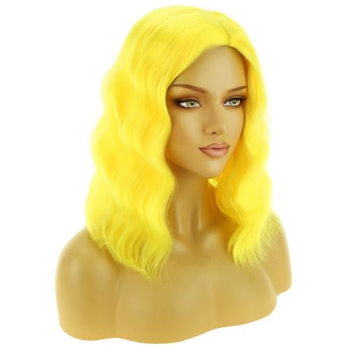 Image of BERON Yellow Wigs for Womens Short Curly Wavy Wig Girls Yellow Colored Side Part Wigs Shoulder Length Heat Resistant Synthetic Cosplay Party or Daily Use Wig