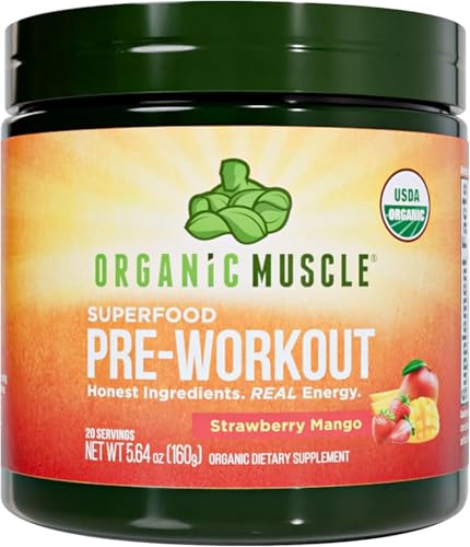 Organic Muscle Organic Pre Workout Powder Strawberry Mango USDA Organic Superfood Blend | Maca Beet Root Cordyceps Rhodiola | 150mg Natural Caffeine Vegan No Jitters 20 Servings