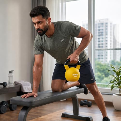 Image of DAARA Half Coating Neoprene Kettlebell, 8kg Yellow Cast Iron Kettle Bell with Non-Slip Grip Handle for Strength Training, Home Gym Workout Equipment for Men & Women (Proudly Made in India)
