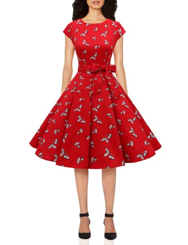 Dressystar 1956 Women Vintage Cocktail Dress 1950s Retro Rockabilly Prom Dresses Cap-Sleeve Red White Cherry M