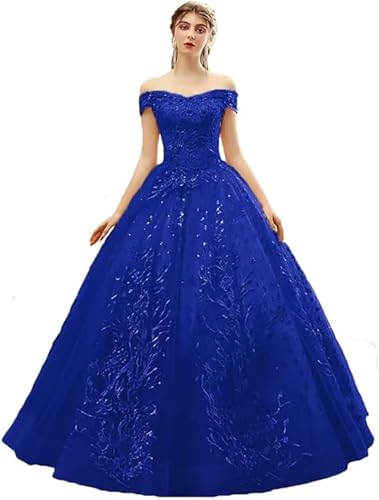 Women's Glitter Tulle Ball Gown Quinceanera Dresses Off Shoulder Appliques Long Wedding Prom Party Gowns