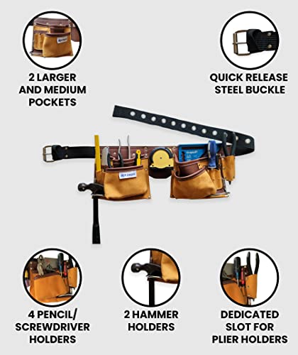 R Dawg 11-Pocket Suede Leather Tool Belt - Heavy Duty Tool Apron - 2 Steel Hammer Loops & Measuring Tape Holder - 4 Large Pockets - Steel Buckle - For Diyers And Professionals #TOP4
