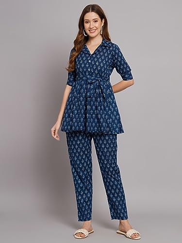Image of Women's Cotton Regular Fit V Neck Printed Top with Trouser Co-ords Set with Fashion & Elegant Design (1 Top 1 Pant 1 Belt)
