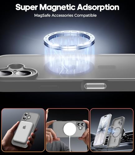 Image of Elzzi Compatible with iPhone 16 Plus Case, MagSafe Compatible Magnetic Translucent Matte Back Cover, Shockproof Slim Protective Case with Camera Lens Protection, Anti-Fingerprint, Grey