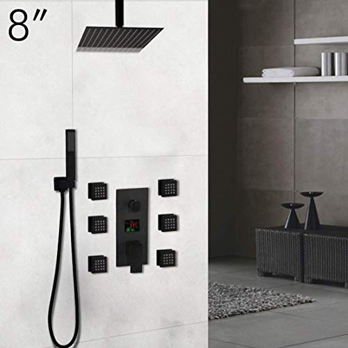 Robinet de douche à température noire avec pomme de douche plafond et système massage jets