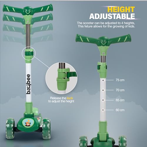 Image of Baybee Kitty Kick Scooter for Kids | Foldable 3 Wheel Kid Scooter with 4 Height Adjustable Handle & Brake | Skate Scooters with LED PU Wheels | Runner Scooters for Kids 3 to 10 Years Boy Girl (Green)