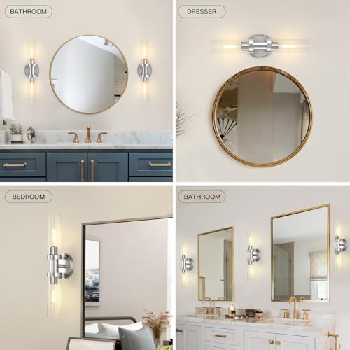 Image of Brushed Nickel Wall Sconces,2-Light Bathroom Vanity Light Fixture, Modern Bathroom Sconces Wall Lighting Clear Glass Shade, Horizontal and Vertical Wall Mount Lamp for Mirror Hallway Kitchen