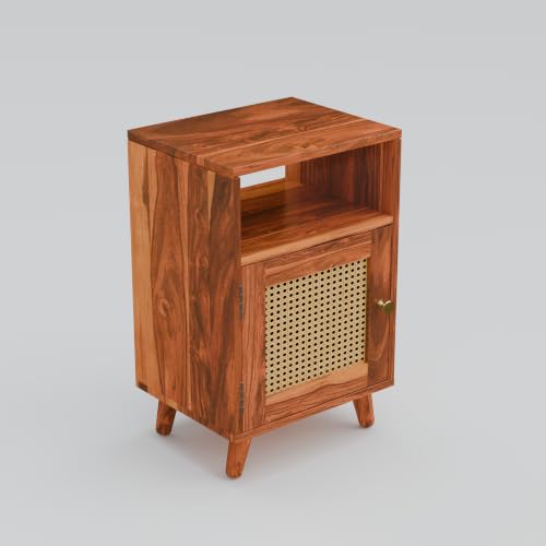 Image of Solid Sheesham Wood Bedside Table with Natural Cane Rattan Door & Open Shelf | Wooden Nightstand with Storage Cabinet | End Table for Bedroom (Honey Finish)