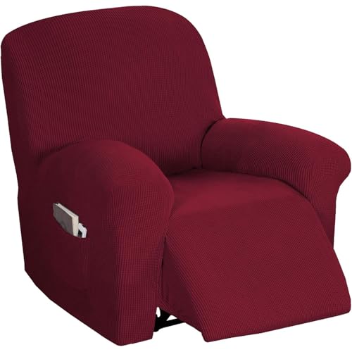 Flamingo P Stretch Recliner Chair Cover Recliner Cover for Electric/Manual Style Furniture Cover for Reclining with Side Pocket, Soft Checked Jacquard Fabric Form Fitted Standard/Oversized - Burgundy