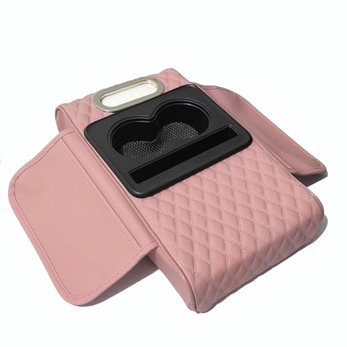 Car Armrest Cushion,5-in-1 Center Console Cover with 2 Storage Bags Cup Holder, Tissue Box Slot, Phone Slot for Sedans, Car Accessories Interior Organizers (Pink)