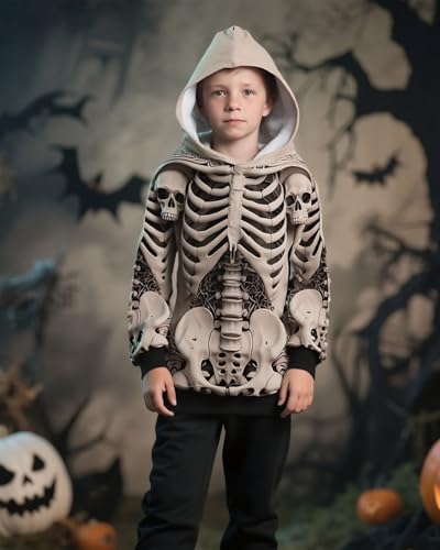 Momkonzz Boys Halloween Skeleton Hoodie for Kids 3D Jumper Funny Long Sleeve Tops Size 7-12 Years (Khaki, 10-11T) - Image 2