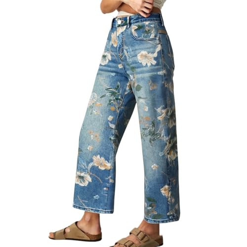 Womens Straight Leg Jeans Flower Print Baggy High Waisted Barrel Jeans Trendy Summer Streetwear Denim Floral Pants3