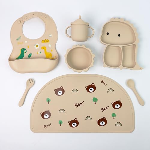 DIVCHI Baby Weaning Set, Silicone Baby Feeding Set of 7 with Suction Bowl, Spoon, Fork & Cup | Weaning Set, Suction Bowl and Baby Plate, Baby Feeding Set, Baby Gifts & Presents (Beige)