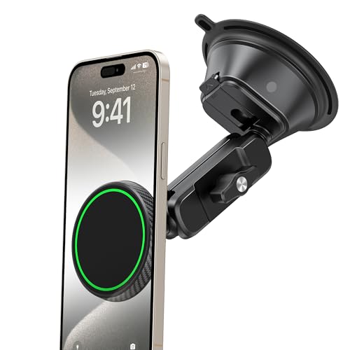 Magnetic Vacuum Suction Cup Phone Mount for Truck & Car, Heavy Duty Semi Truck Holder, 17x Strong Magnets, Adjustable Aluminum Arm Windshield Dashboard Window Mount for MagSafe iPhone 12–17 & Samsung - image 1