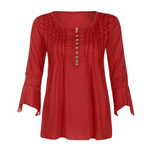 Blusa feminina casual de manga 3/4 com gola canoa e botões Henley com babados, blusa elegante de ver