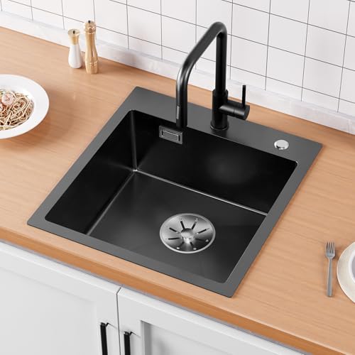 Sofetiy Fregadero Cocina 1 Seno 45x48cm, Fregadero Cocina Negro Antracita Pequeño, Fregadero de Acero Inoxidable con Nuevo Sifón y Rebosadero, para a Partir de 45cm Mueble, Lava Loicas Cozinha