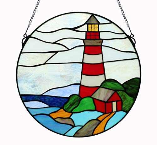 Yogoart 16 Inch Round Stained Glass Window Hanging Pagoda and Lighthouse Tiffany Stained Glass Window Panel with Hanging Chain