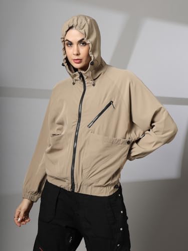 Image of CHKOKKO Womens Stylish Oversized Windcheater Jacket with Zip Closure Lightweight Sportswear for Running Travel Hiking Outdoor and Rainy Season Wear Khaki 3XL