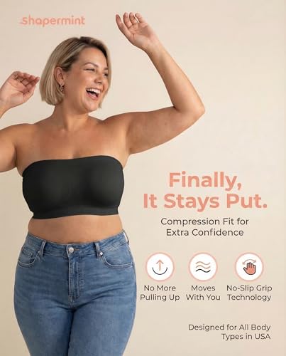 Image of SHAPERMINT Strapless Bra, Wireless Non-Slip Bandeau, Convertible Straps, Molded Strapless Bras for Women S to Large Breasts