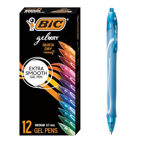 BIC Gelocity Quick Dry Retractable Gel Pens with Medium Point and Comfortable Grip, 12-Count in Assorted Ink