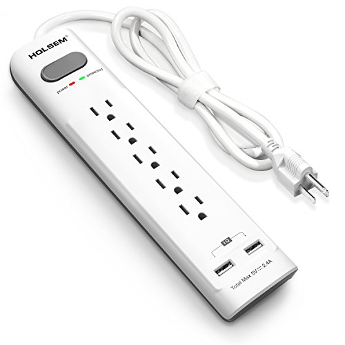 HOLSEM 5 Outlets Surge Protector Power Strip with 2 USB Charging Ports (5V/2.4A) and 4' Heavy Duty Extension Cord, White