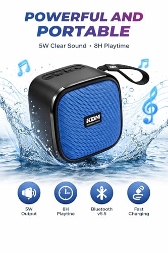 Image of KDM 30 DotCom Portable Bluetooth Speaker, 5W Clear Sound, 8H Playtime, TWS Pairing, FM Radio, Hanging Strap, USB /TF, Type-C Charging, Compact Design,Blue